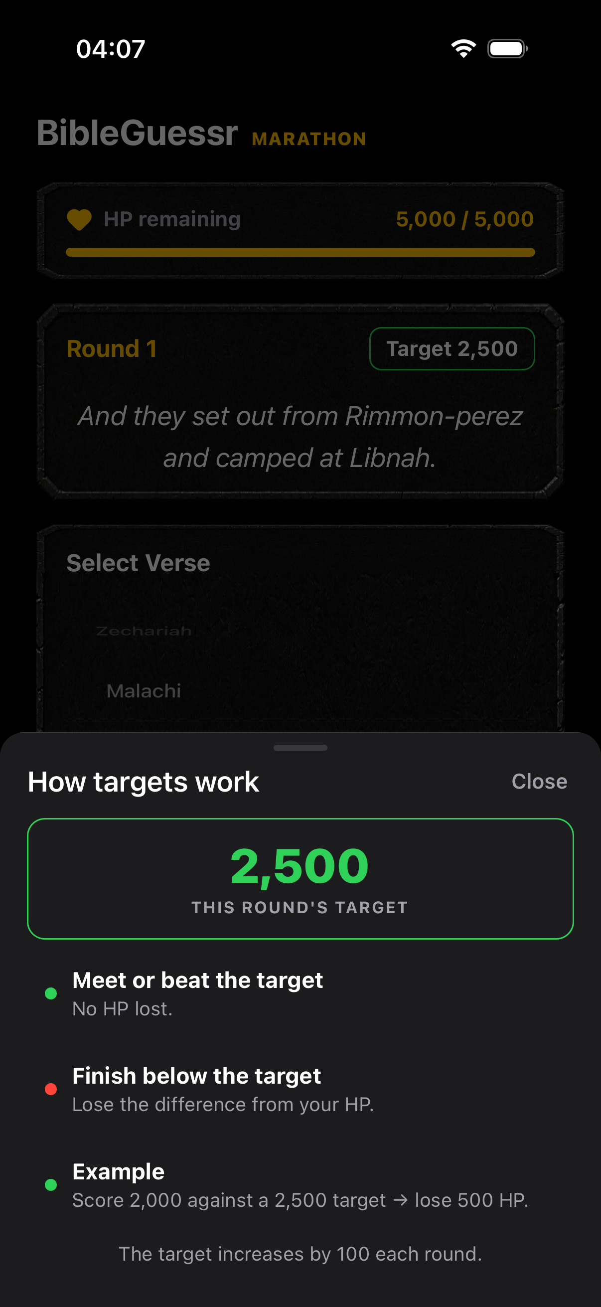 Marathon mode with health and round targets